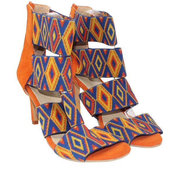 Tribal Gladiator 9.5M Blue Orange Multicolored Ankle Strap Zipper Accent Heels - Picture 2 of 7